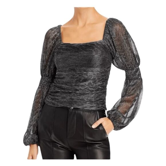 Line & Dot Olivia Mesh Blouse Black Silver Stripe Long Sleeve Metallic S Line - Picture 1 of 11